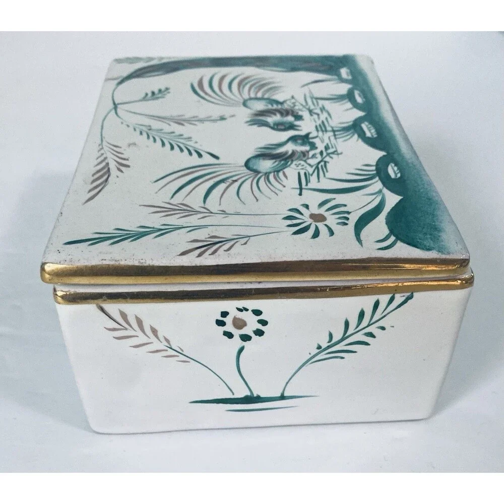 VTG  Porcelain trinket Box Roster  Bird Flower  Green W Gold Trim Italy ARS 792